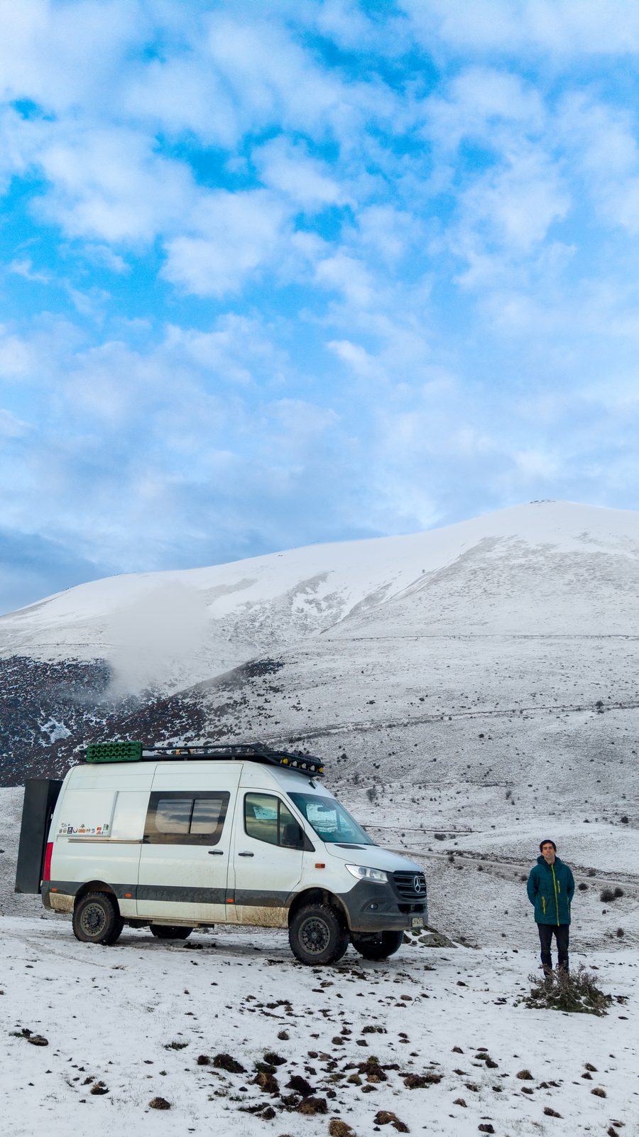 Mercedes Sprinter 4x4 camper on a fresh snowfield below a snow-covered mountain, with a traveler standing beside it